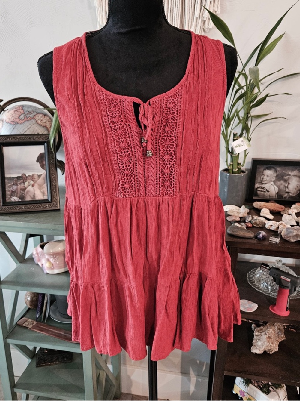 Knox Rose Sleeveless Crochet Tie-Front Blouse in Burgundy
